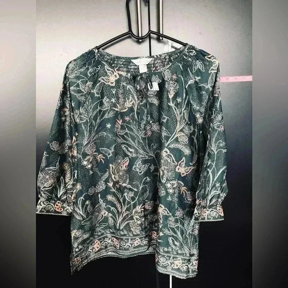 Christopher & Banks 3/4 sleeve, scoop sheered v-neck tie,floral blouse - Picture 1 of 7